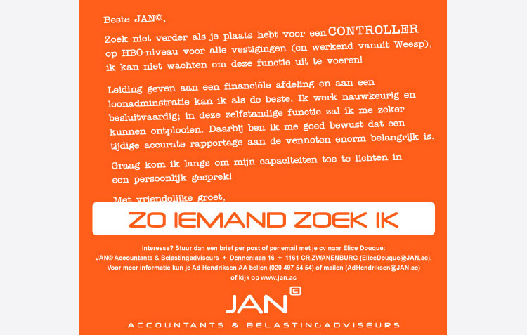 bedenken en productie wervingsadvertentie van JAN accountants